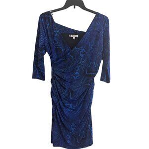 Jennifer Lopez Blue Snake Print Ruched Dress Women L Polyester Blend 3/4 Sleeve
